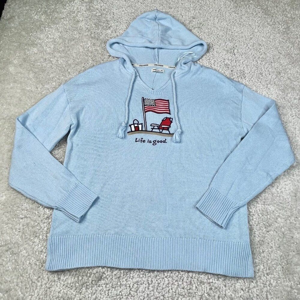Life Is Good Flag Knit Sweater Hoodie Light Blue